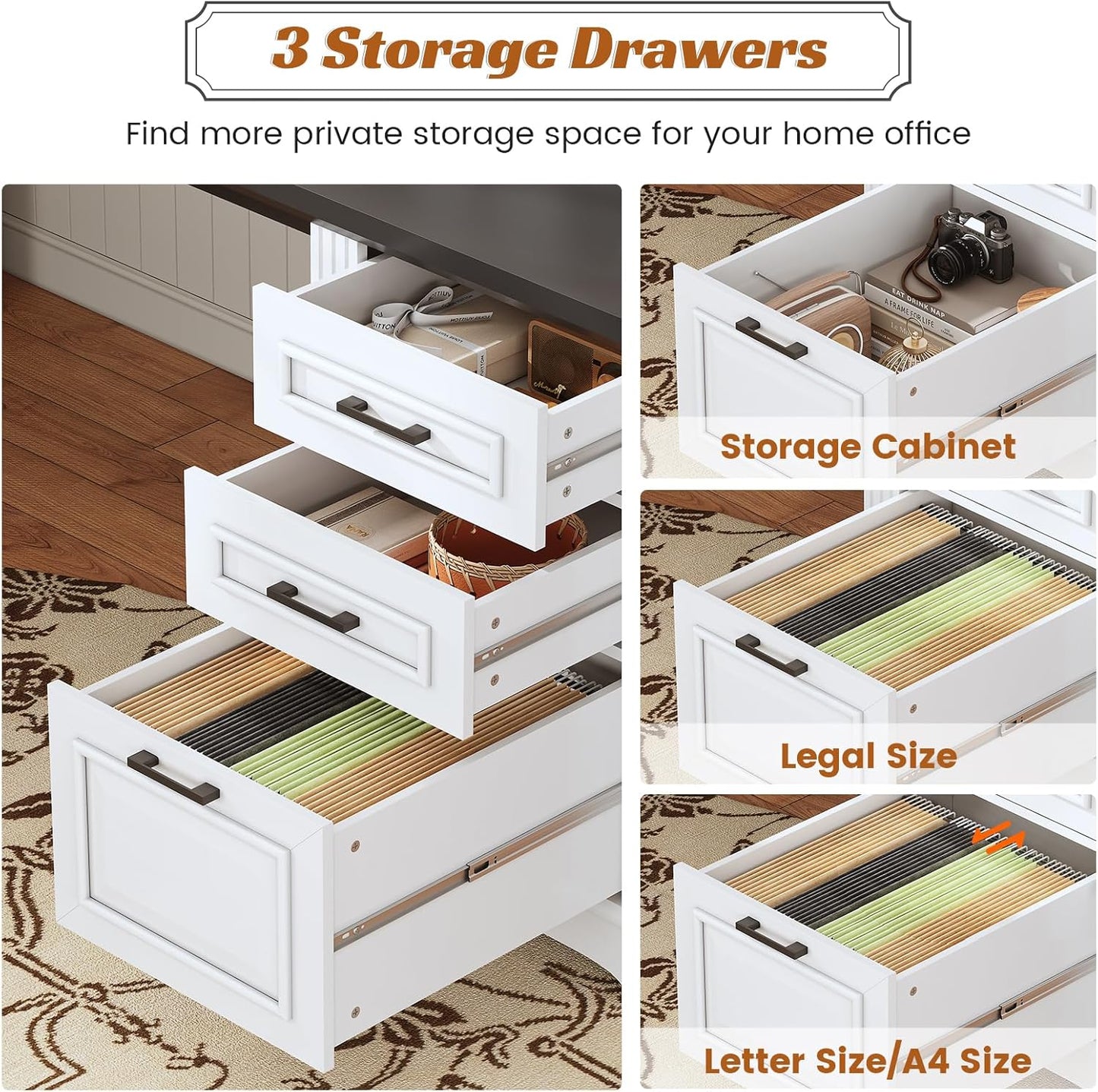 SEDETA Office Desk with 3 Drawers, 55" Executive Computer Desk with Storage Drawers, Farmhouse Desk with Power Outlet for Home Office, White