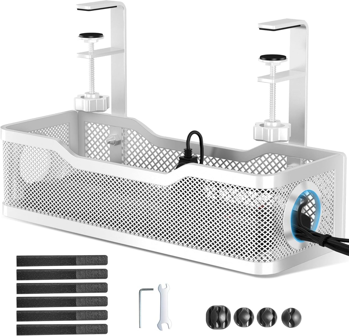 Cable Management Under Desk Tray, No Drill Cable Management Box with Clamp for Wire Organization, Cord Organizer for Office, Home - No Damage to Desk (White)