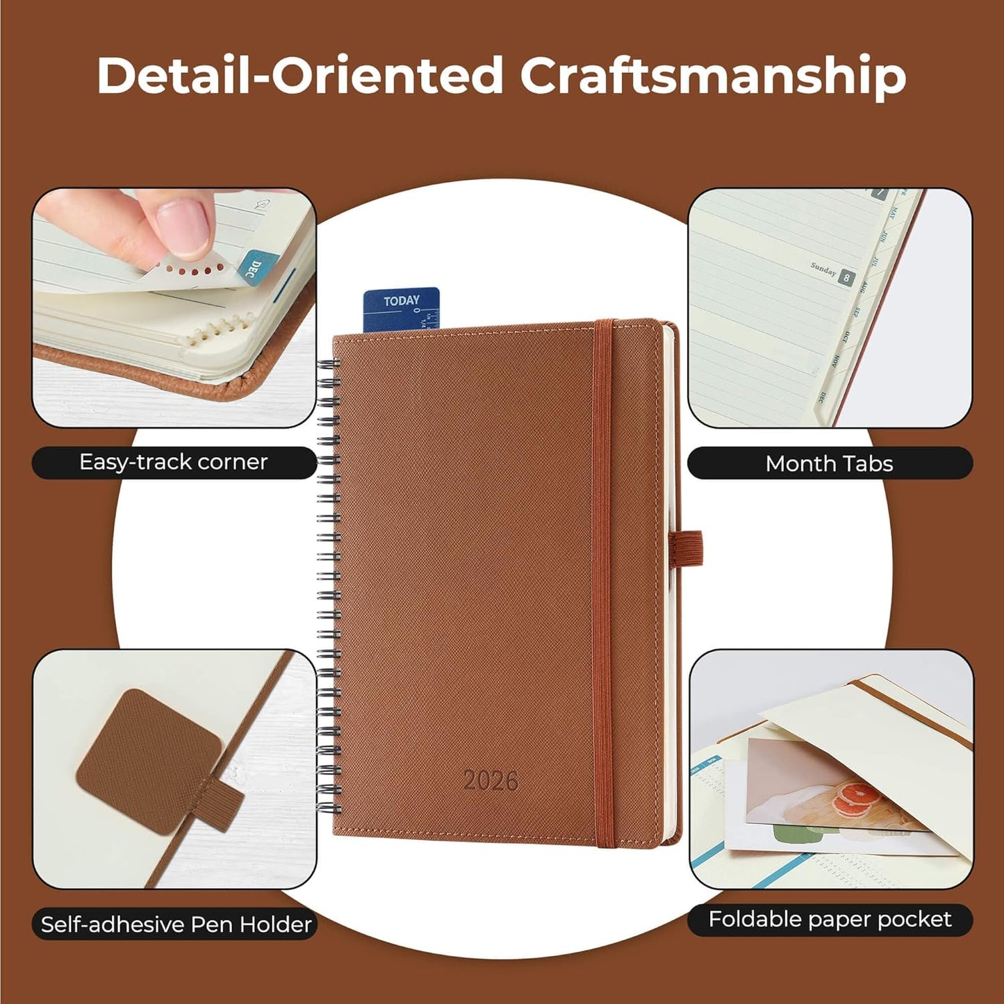 Planner 2026 Daily Weekly and Monthly,8.5"x6.5",12 Months Spiral Bound Calendar Agenda with Self-adhesive Pen Holder,2026 Appointment Book with Vegan Leather Soft Cover,Brown