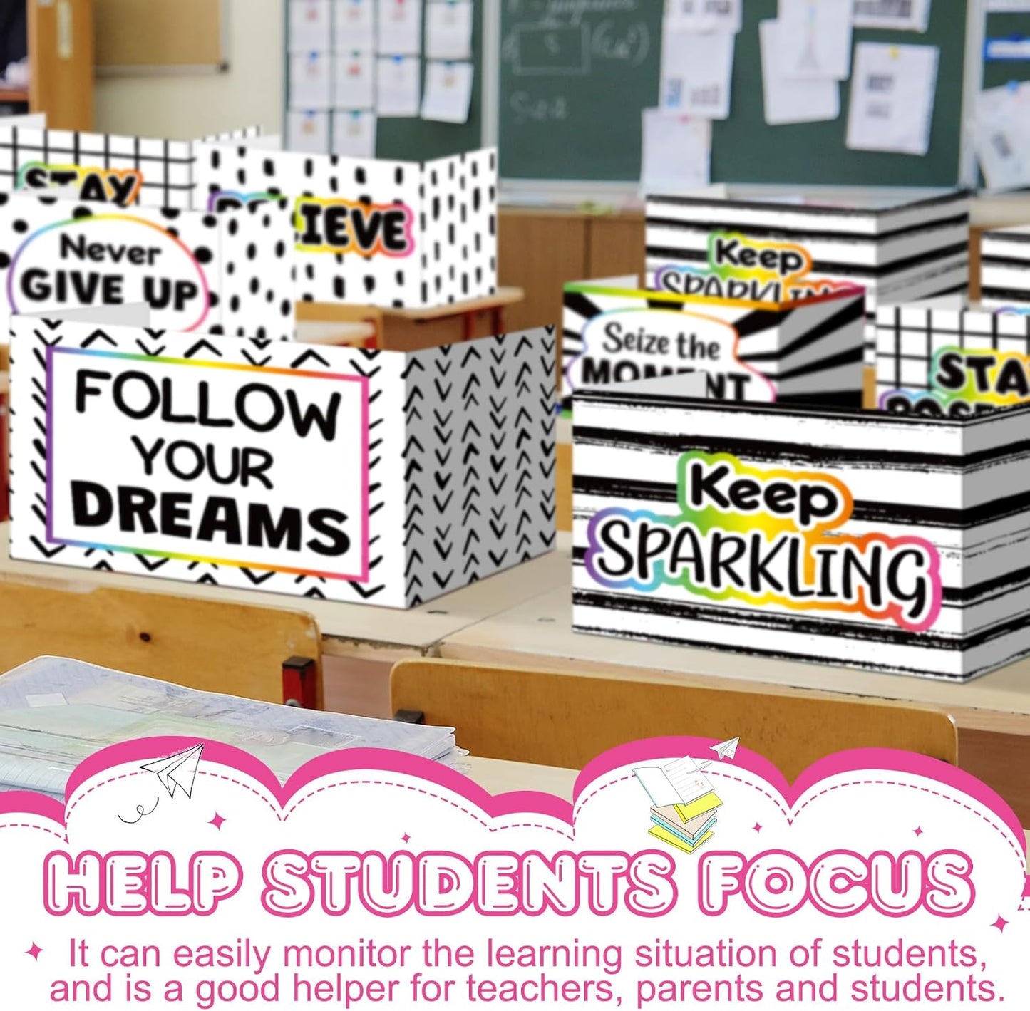 Honoson 24 Pcs Bulk Inspirational Privacy Folders for Students Cardboard Test Privacy Boards Motivational Words Desk Dividers Shield for Classroom School Study Supplies, 6 Styles(Polka Dot)