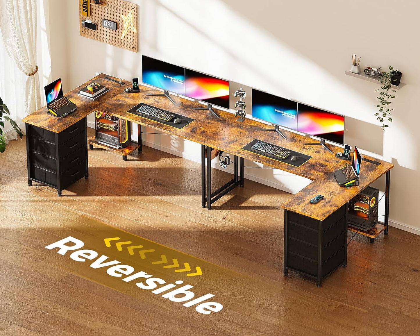 Casaottima L Shaped Desk with 4 Tier Drawers, 53" Gaming Desk with Power Outlets & USB, Reversible L-Shaped Computer Desk with CPU Stand, Home Office Corner Desk with Storage, Easy Assemble, Vintage