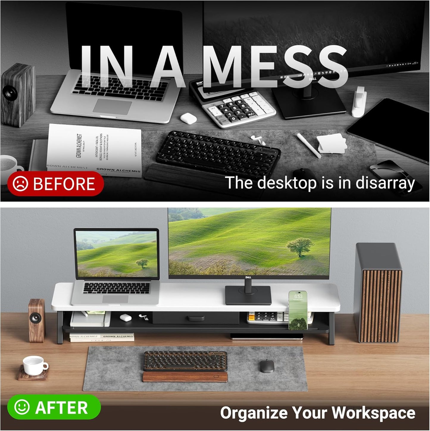 Dual Monitor Stand Riser,LED 2-Tier 39.3 Inch Computer Monitor Stand for 2 Monitors,Office Desktop Organizer with Storage Drawer and Phone Holder for Laptop,PC,Computer,Printer,White