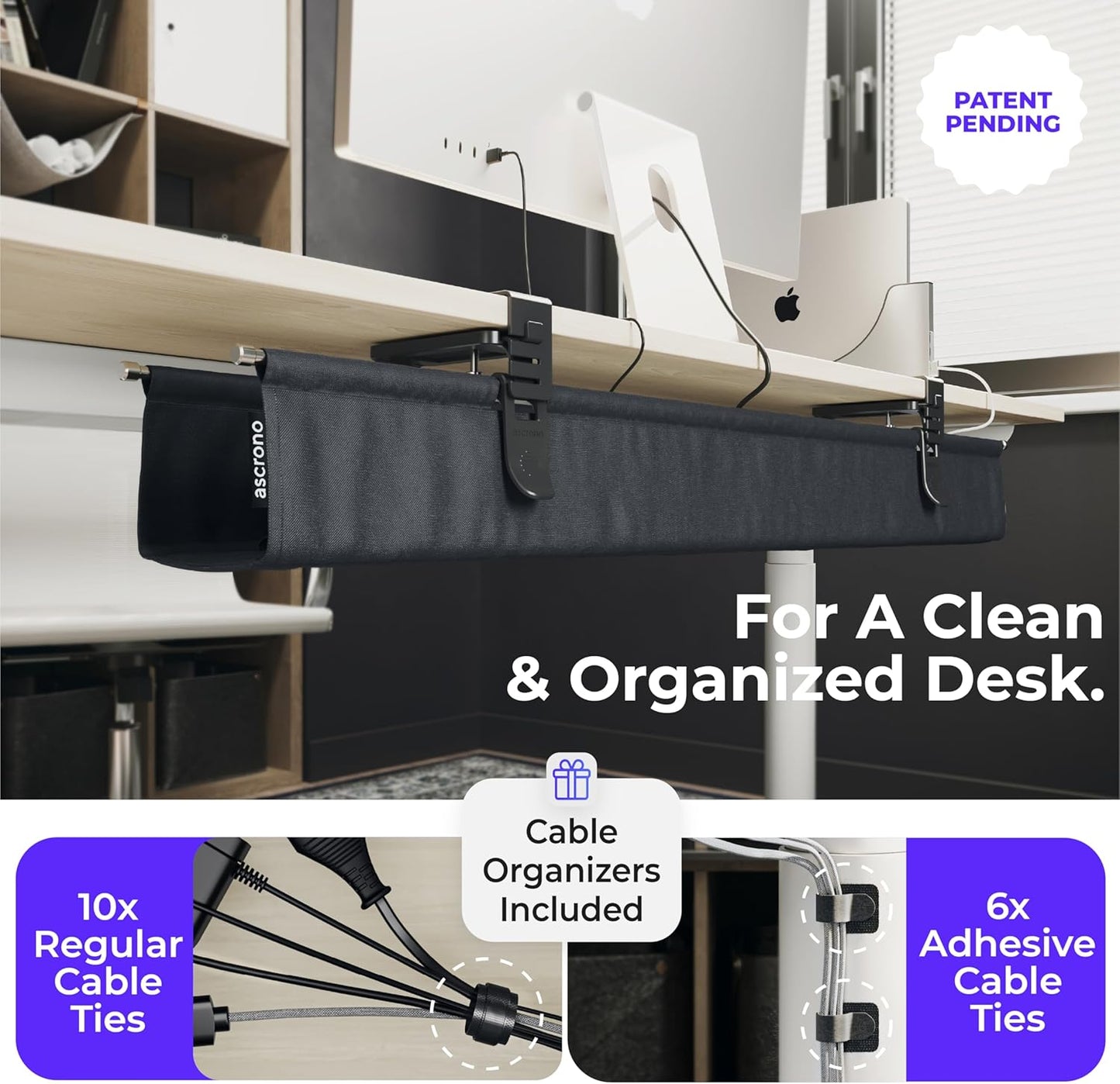 Original No Drill Under Desk Cable Management Tray 53.9" - Premium Black Fabric Cable Management Under Desk - Clamp/Screw Mount Cord Organizer - Supports Upto 66lbs - Extra Large