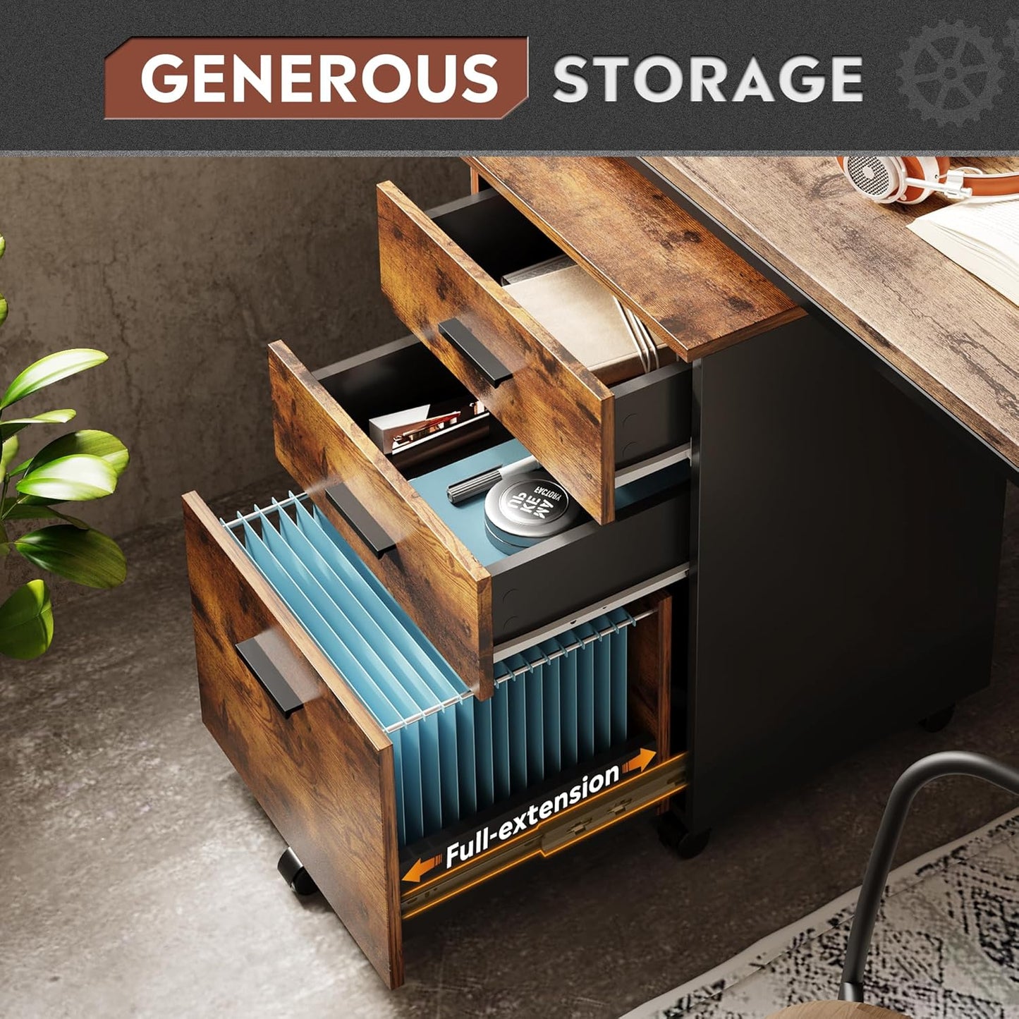 DEVAISE 3 Drawer Wood Mobile File Cabinet, Rolling Filing Cabinet for Letter/A4 Size, Rustic Brown