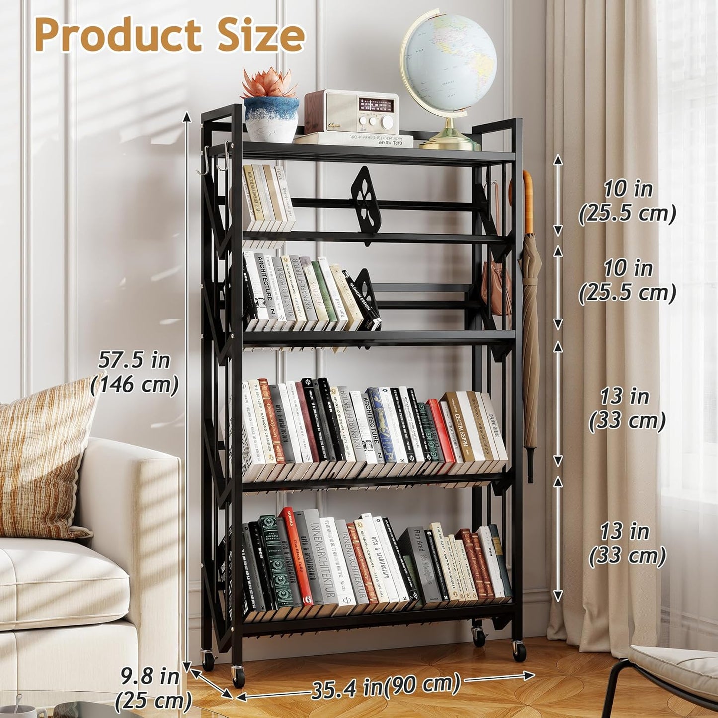 Book Carts with Wheels Library Rolling Book Cart 5 Tier Movable Bookshelf Mobile Large Capacity Organizer Rack for Teacher Classroom Office Room School (57.5'' H)