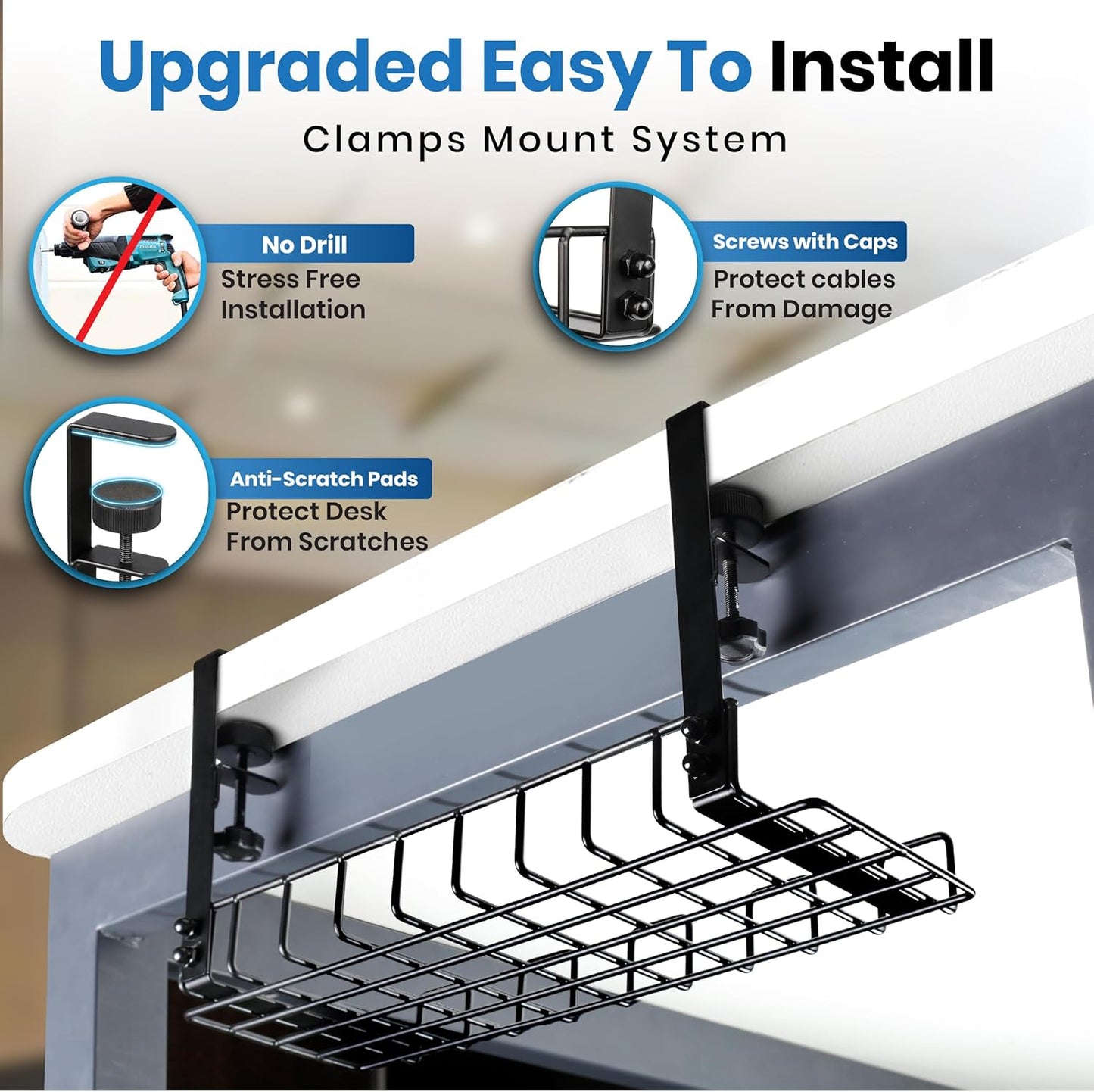 Under Desk Cable Management Tray, 16” No Drill Cord Organizer with Clamps for Wire Management, 4mm Sturdy Wire Desk Cable Organizer Tray, Cable Management Rack for Home & Office (Pack of 2)