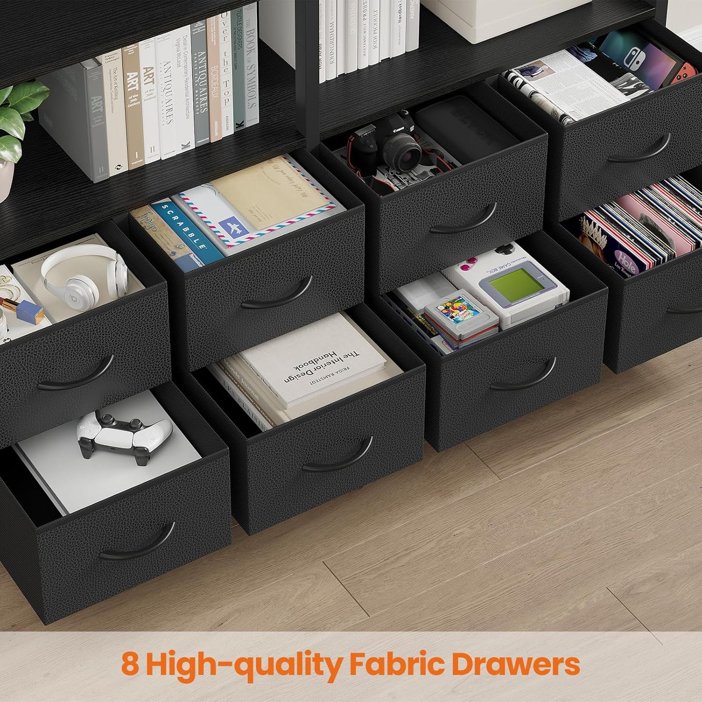 Bookshelf with 8 Fabric Drawers, 7-Tier Bookcase with Baffles Display Shelves, Industrial Large Book Shelf for Living Room Home Office, Black