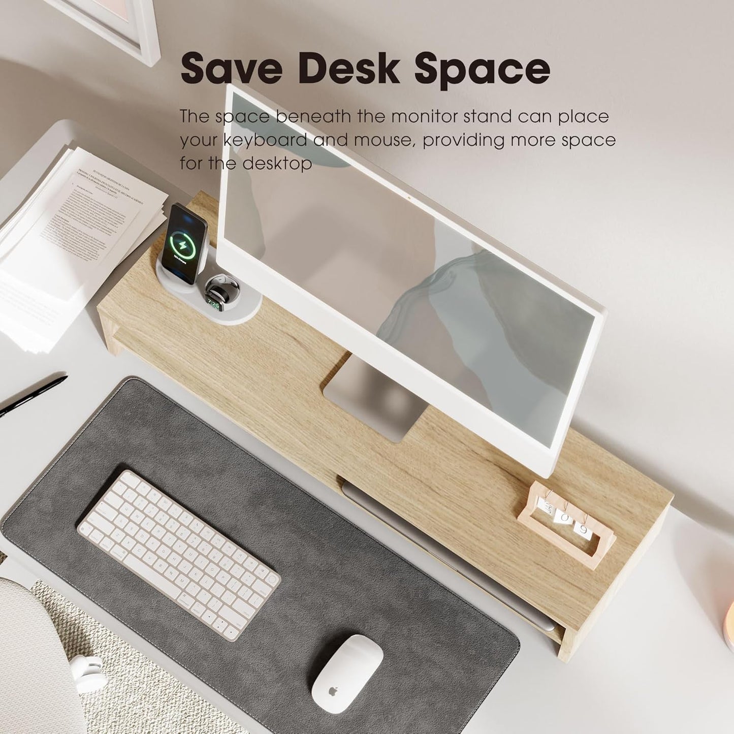 Fenge Monitor Stand, 31.5 Inch Computer Monitor Riser for Desk, 2 Tiers Wood Desk Shelf with Storage, Desktop Organizer for PC, Laptop, Screen, Printer