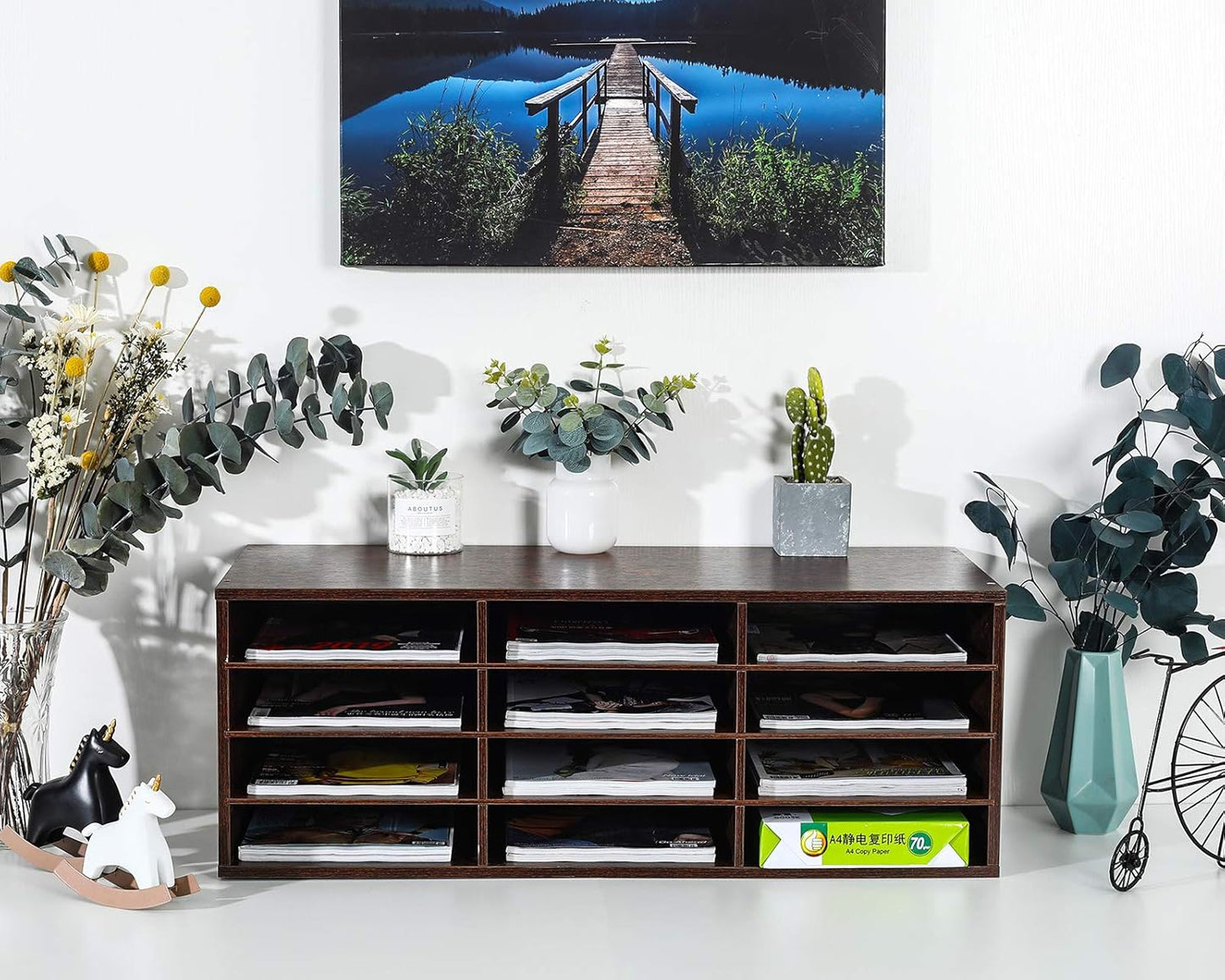 PAG Mail Sorter, Wood Countertop Literature Organizer, Student Mailbox for Classroom, Desktop Bill Paper Organizer for Office Home School, 12 Compartments, Brown