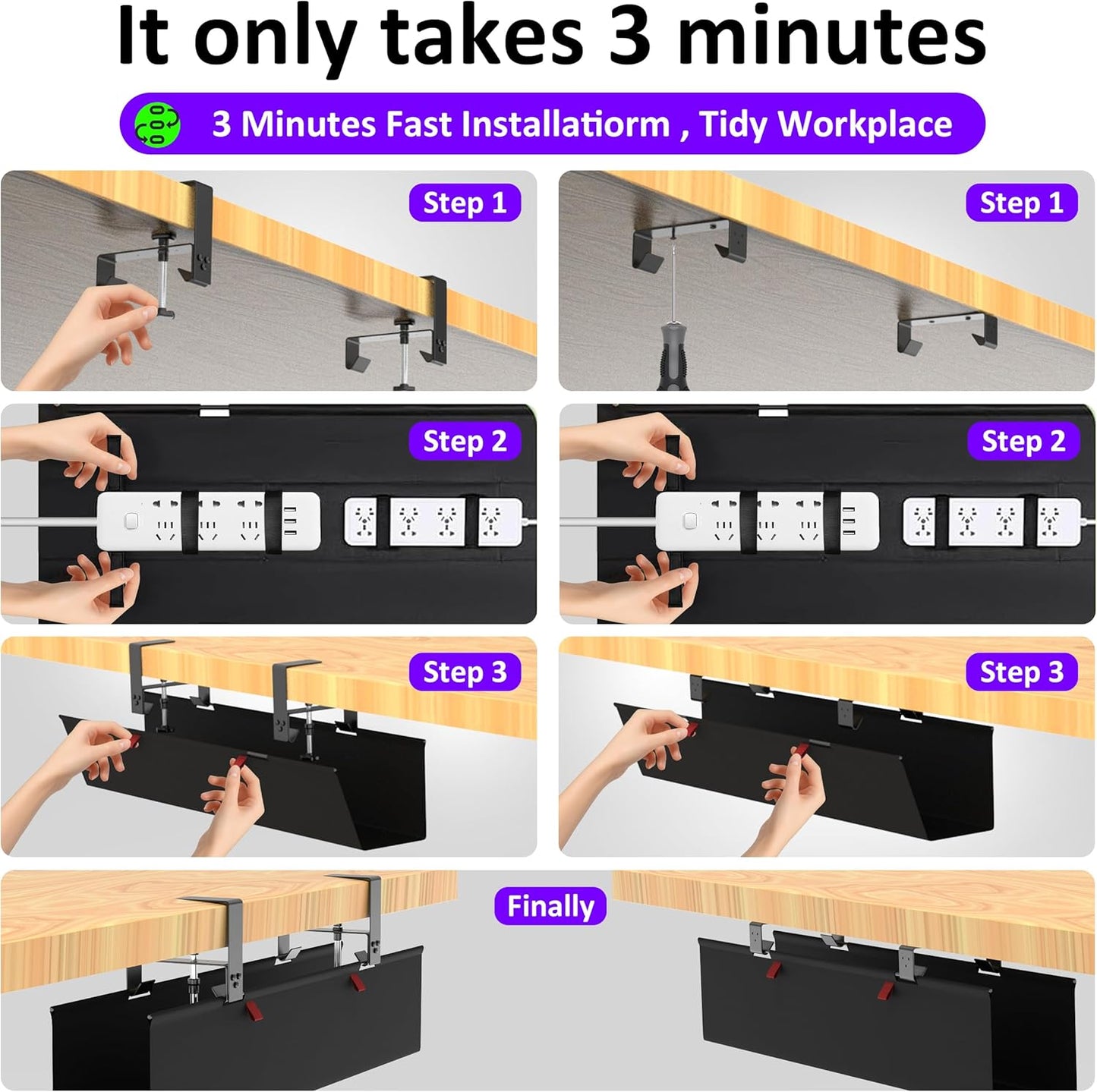 Under Desk Cable Management Tray - Under Desk Cord Management - Clamp/Screw Mount - Fabric Wire Management - Cable Raceways Tray Cord Hiders for Office/Home (Black, 28.6"×5.6")