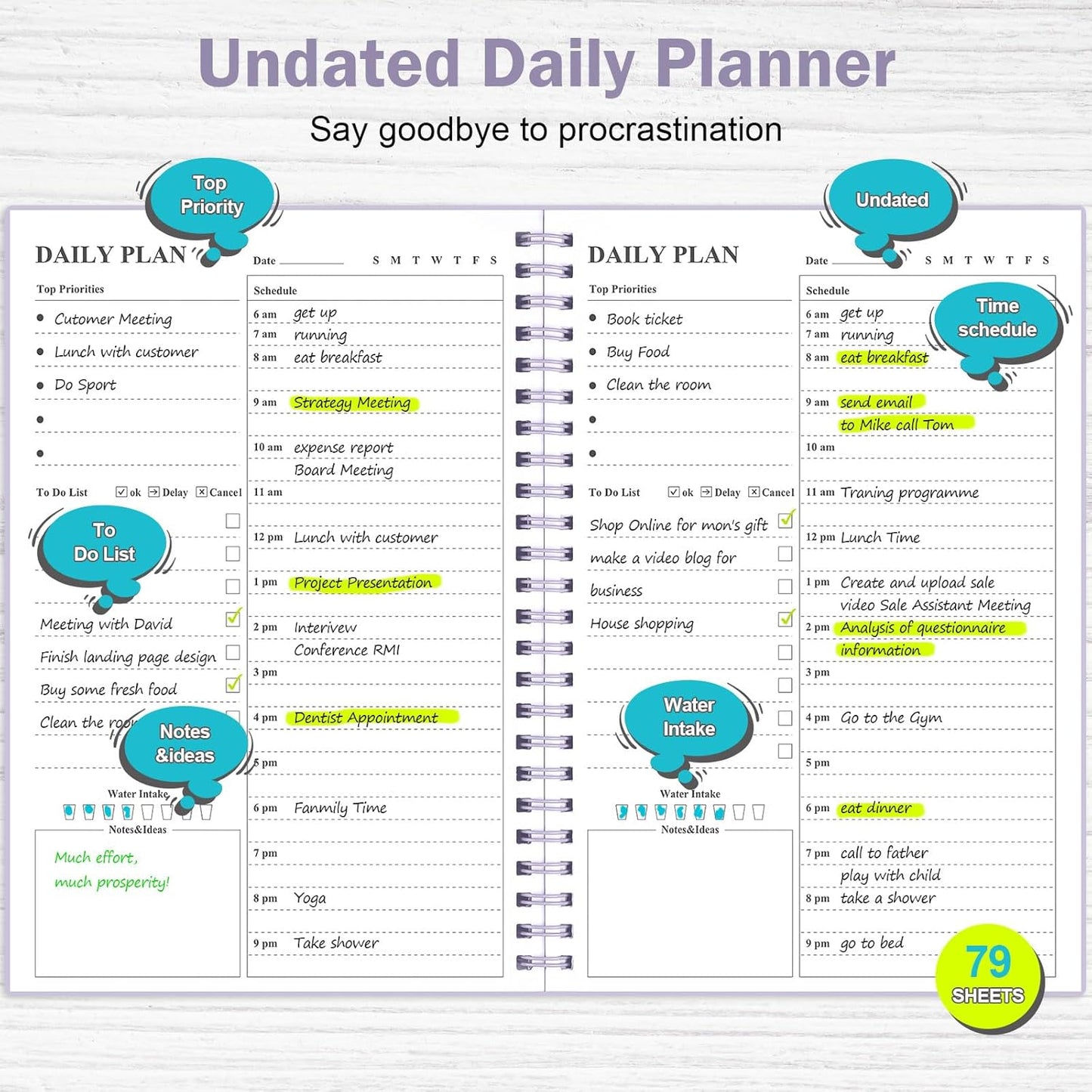Asten Daily Planner Notebook, Undated To Do List with Hourly Schedules, Spiral Binding, Appointment Planner for Men & Women, ADHD-Friendly, Purple, 8.3" x 5.8"