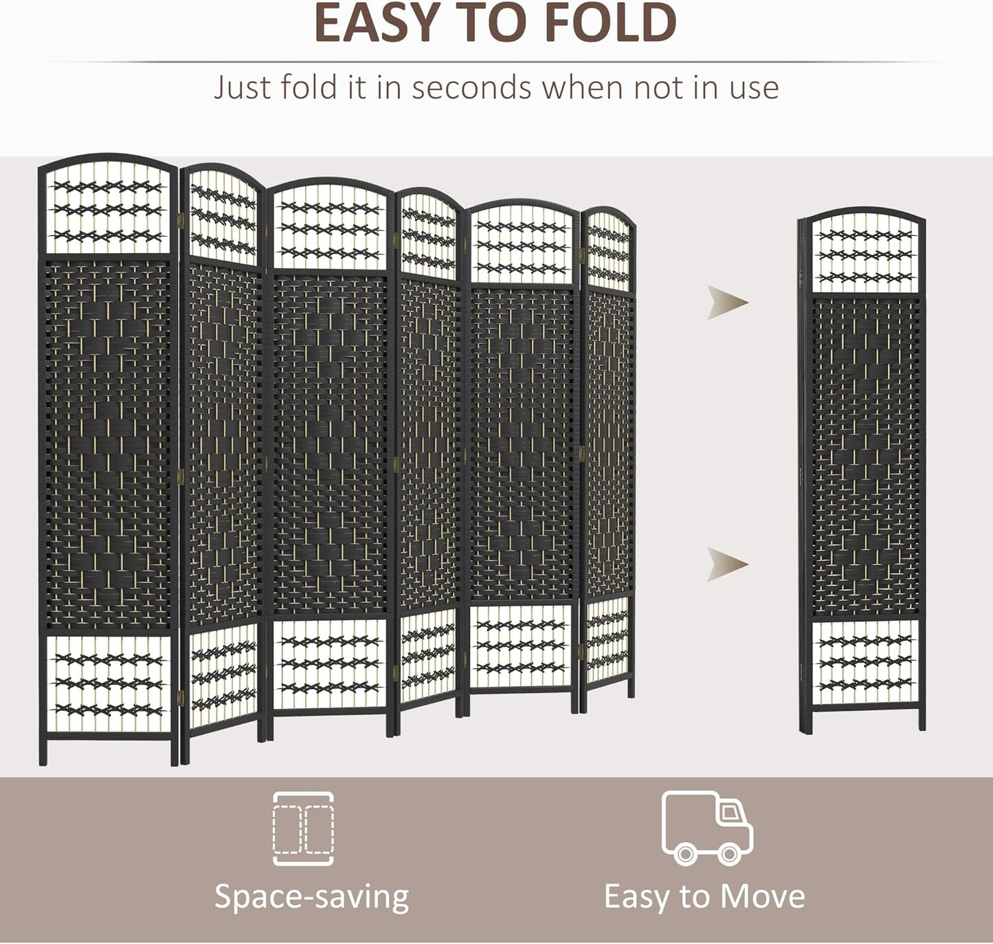 HOMCOM 6 Panel Room Divider, Folding Privacy Screen, 5.6' Room Separator, Wave Fiber Freestanding Partition Wall Divider, Black