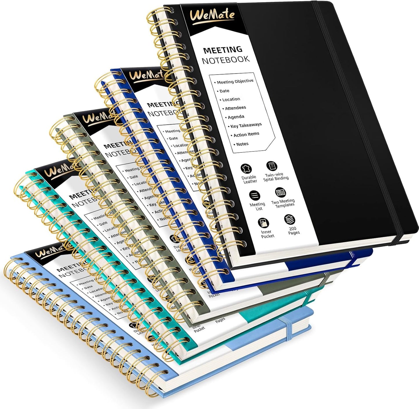 WEMATE 5 Pack Meeting Notebooks for Work（7"x10"） 200 Pages, PU Leather Notebook with Action Items & Note, For Staff & Students, Meeting, Projects Planning- Black, Blue, Green, Olive Green, Dark Blue