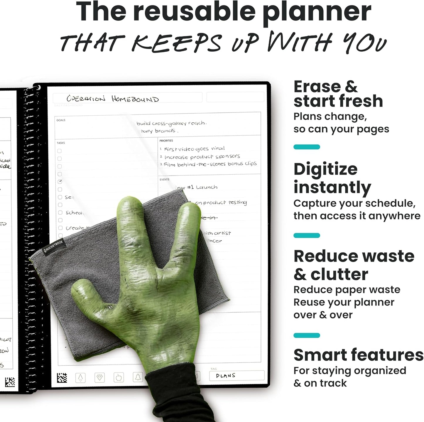 Rocketbook Flex Planner, Reusable Undated Smart, Letter Size 8.5x11 in Green – Daily, Weekly, Monthly, Annual Calendar, Tasks, Goals, Scheduling, Productivity, App Connected, Erasable, Durable Cover