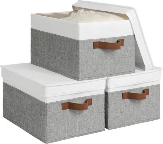 StorageWorks Large Storage Bins with Lids, Decorative Storage Boxes with Lid and PU Handles, Foldable Storage Baskets for Closet, Shelves, Stackable, Grey and White, 3-Pack