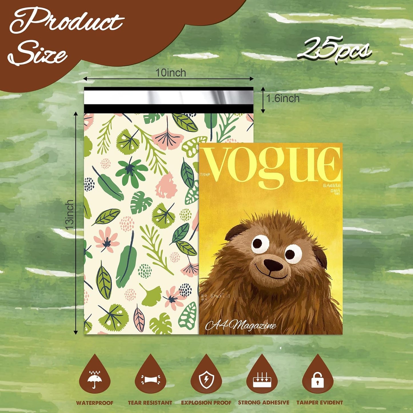 Leafs Poly Mailer 10x13 Inch 25 Pcs, Waterproof Shipping Bags for Clothing, Tear-Resistant Mailier Bags, Strong Mailing Bags with Self-Seal