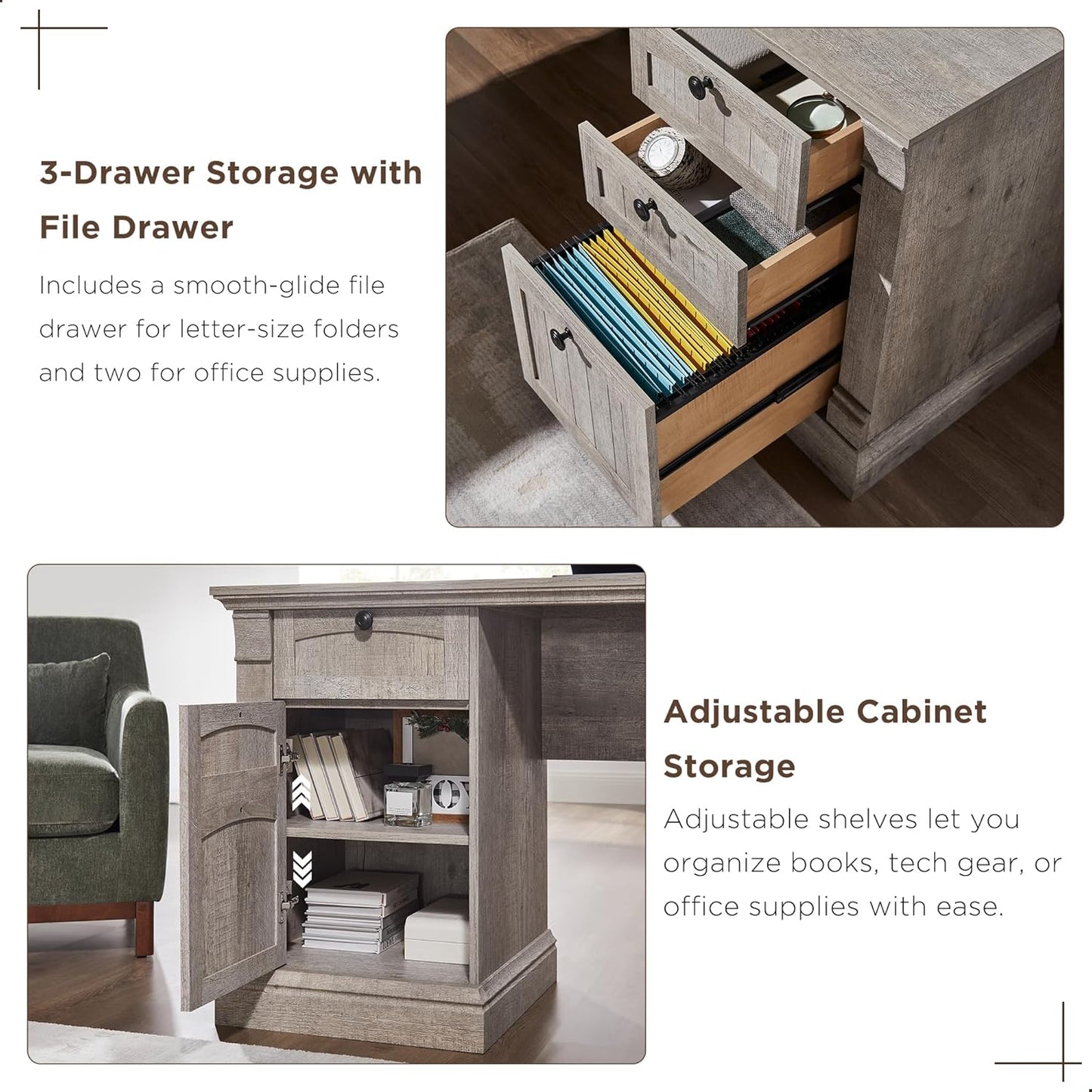 OKD 60" L Shaped Executive Desk with Drawers, Farmhouse Home Office Desk with Charging Station, File Cabinet Storage, Wood Corner Computer Desk for Work and Study, Light Rustic Oak