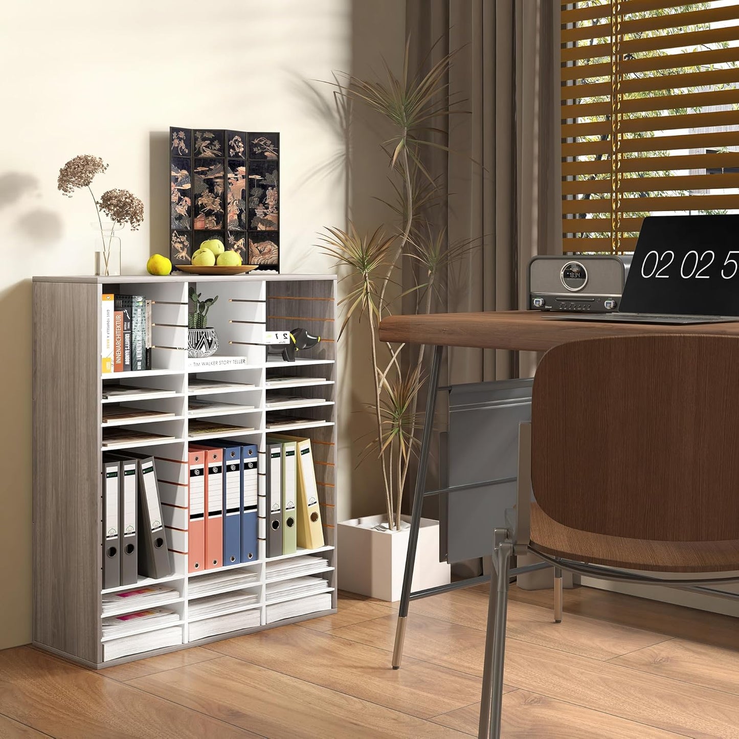 EasyPAG Mail Organizer Countertop, Wood Literature Organizer with Adjustable Shelves, Student Classroom Mailbox for School, Desktop Paper Sorter for Office Home, 36 Compartments, Retro Gray/White