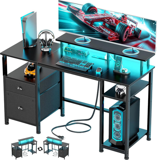 Furologee 51" Gaming Desk with Power Outlets & LED Lights, Reversible Computer Desk with File Cabinet & Monitor Stand for Home Office, Large Work Table with Storage Shelves & Drawer, Black