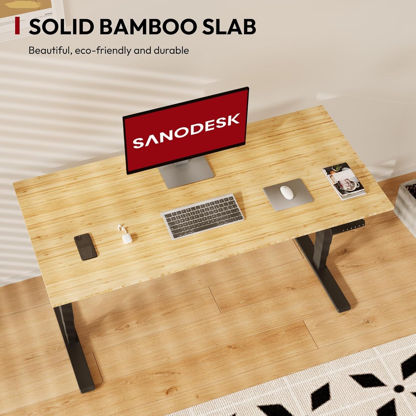 Standing Desk with Dual Motor, 3-Stage Lifting Column, Handset with 3 Preset and Sit-Stand Reminder - 60 inch Whole Piece Real Bamboo/Black Frame, Height Adjustable Desk for Home and Office