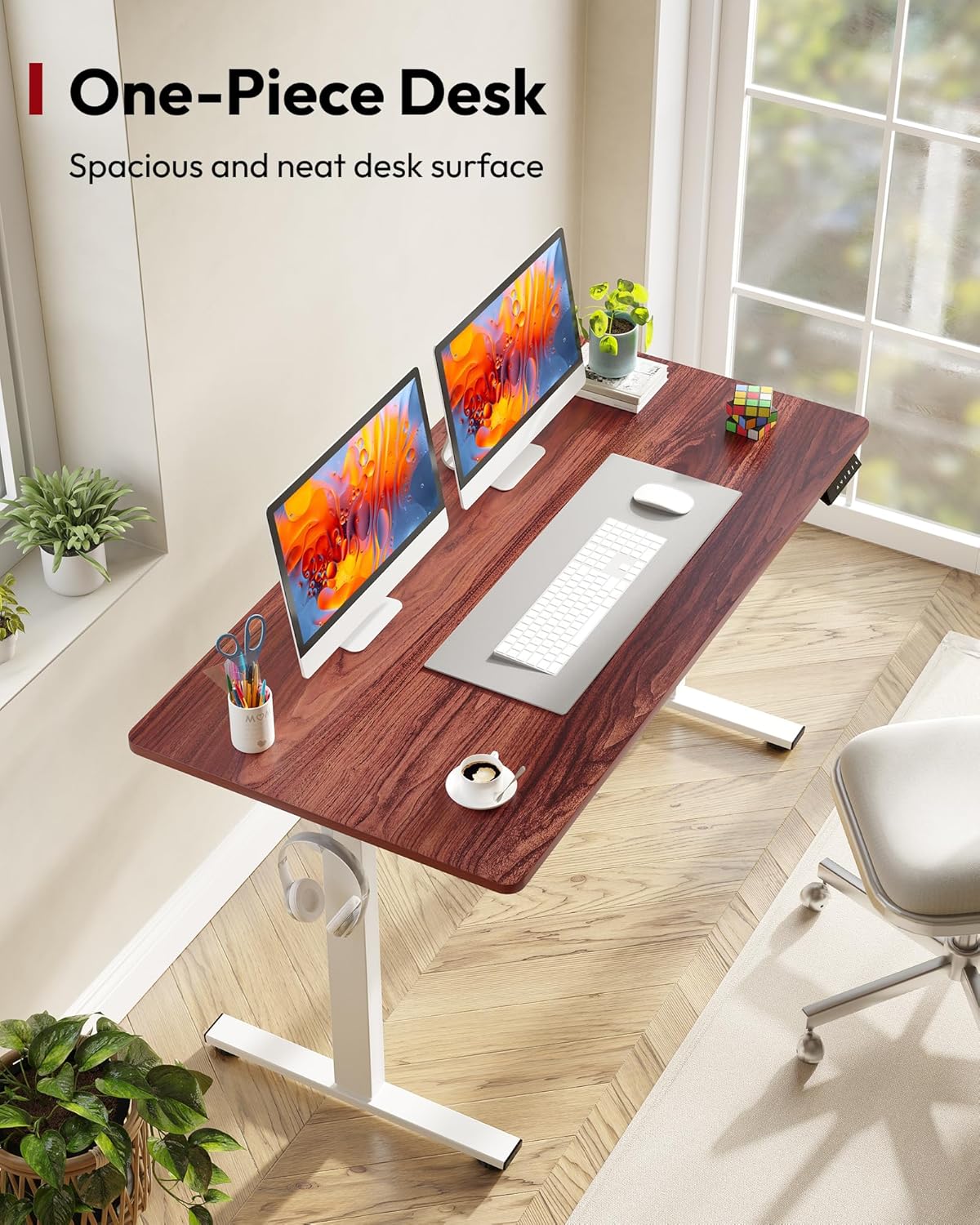 SANODESK Electric Standing Desk 55 x 28 Inches Whole-Piece Desktop Height Adjustable Stand Up Desk w/6-Button Controller Ergonomic Computer Desk for Home Office, White Frame + Mahogany Tabletop