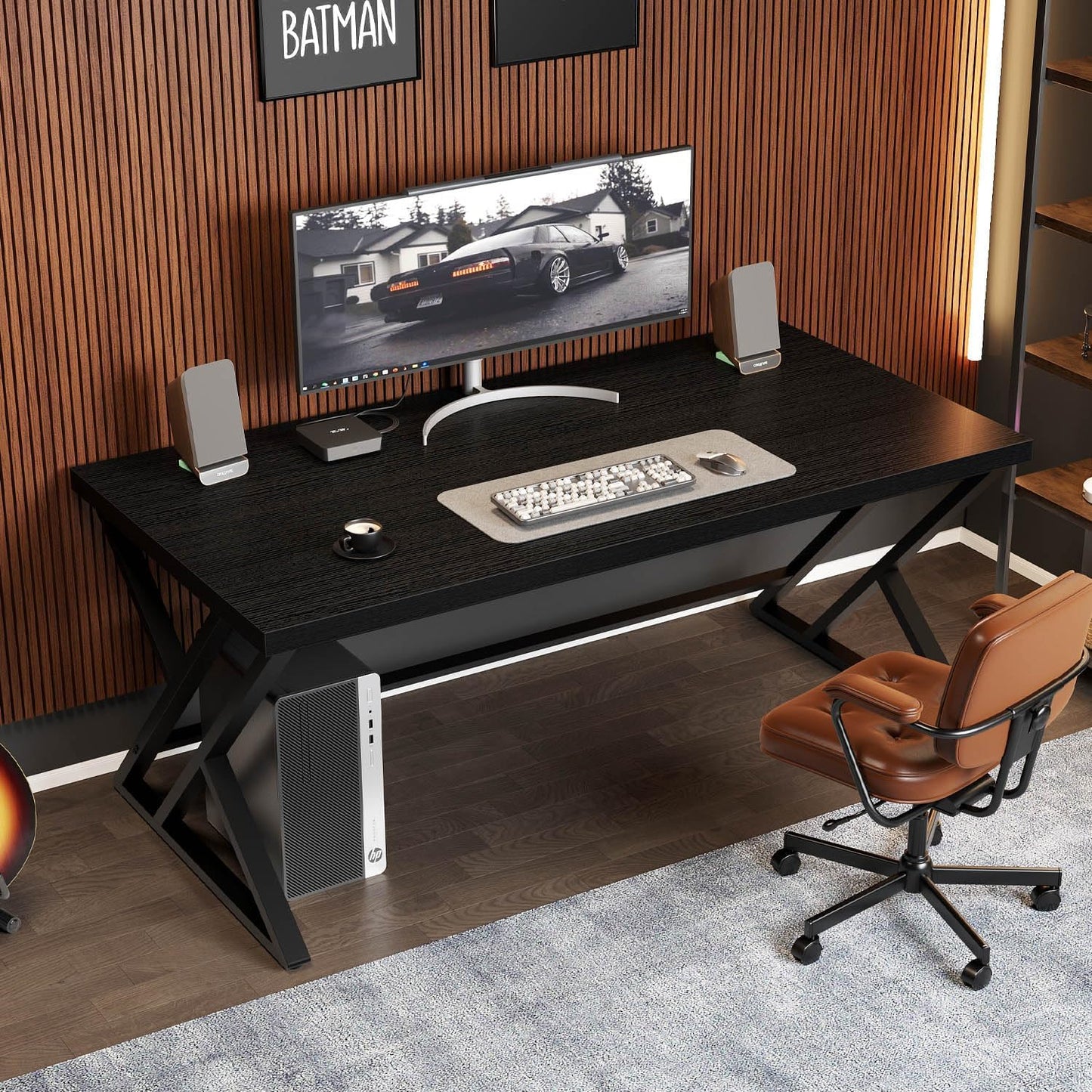 LVB Black Computer Desk, Modern Gaming PC Writing Desk for Home Office, Metal Computer Study Work Table for Bedroom, Industrial Executive Student Simple Workstation Desk, 55 in, Black Oak