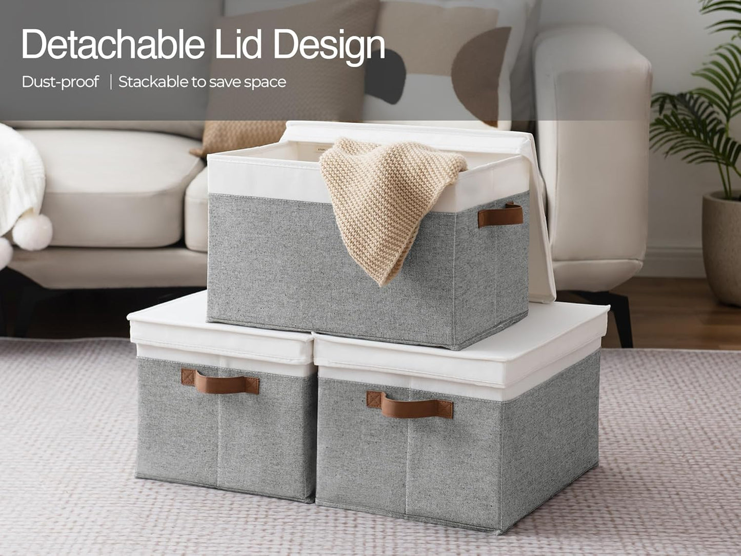 StorageWorks Storage Bins with Lids, Decorative Storage Boxes with Lid and PU Handles, Foldable Storage Baskets for Closet, Shelves, Stackable, Grey and White, Jumbo, 3-Pack
