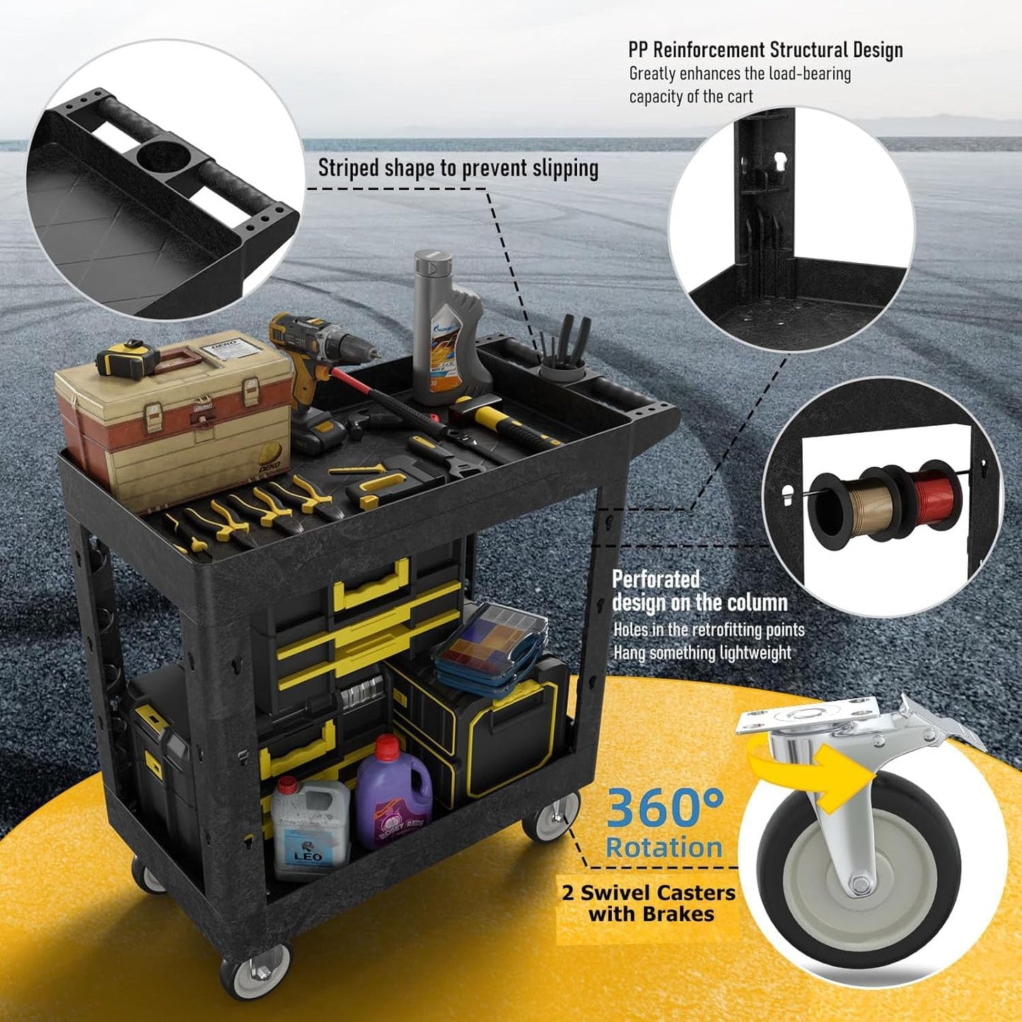 Service Utility Plastic Tool Cart, 34 x 17-Inch Rolling With Deep 2-Shelf, Heavy Duty Wheels, 550 lbs Capacity Organizer for Garage, Warehouse, Workshop