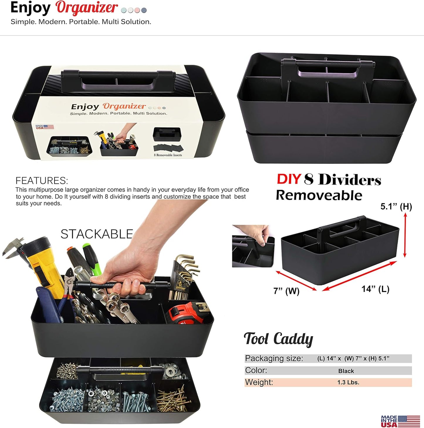 -Large Portable Caddy, DIY Dividers, 8 Compartments, School Office Supplies Home Business Organizer,Portable Basket with Handle Storage Organizer Modern Made in USA (10 PACK, Black)