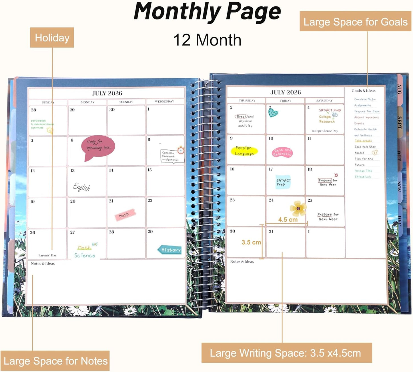 CAGIE Planner 2026 Monthly (Jan. 26-Dec. 26), 12 Month Academic Planner 8.5"x11", Large Daily Planner with Hourly Timeslot, Monthly Tab, Spiral Binding, Bookmark