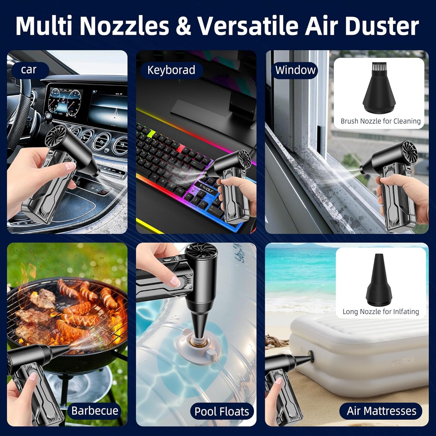 Electric Compressed Air Duster Rechargeable, 180,000RPM Cordless Computer Air Blower Duster for Pc & Electronics, 3-Gear Mini Air Blower Jet Turbo Fan for Car, Home, Office, Keyboard, Outdoor