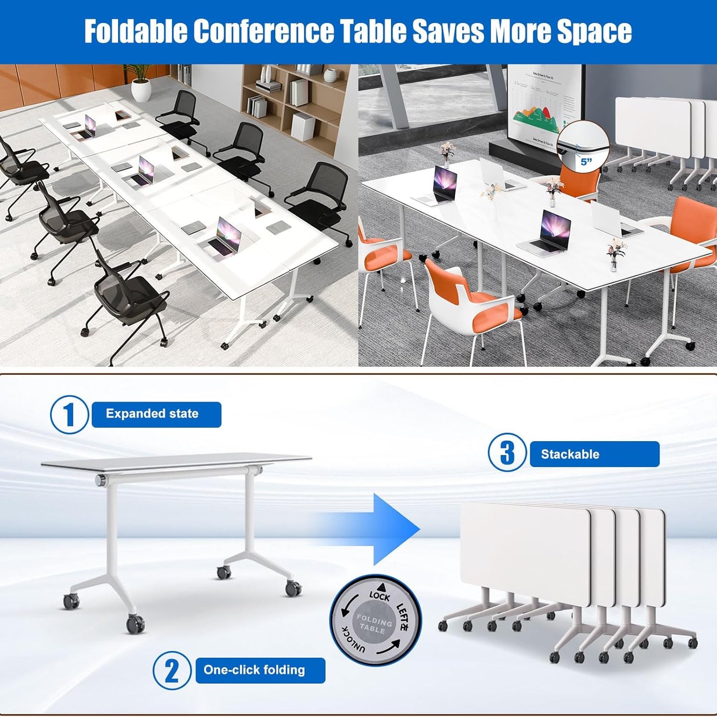 Conference Table, Folding Conference Desk Modern White, Seminar Table with Wheels, 2-10 People for Office, Meeting Break Room(4, 1915, 61IN)