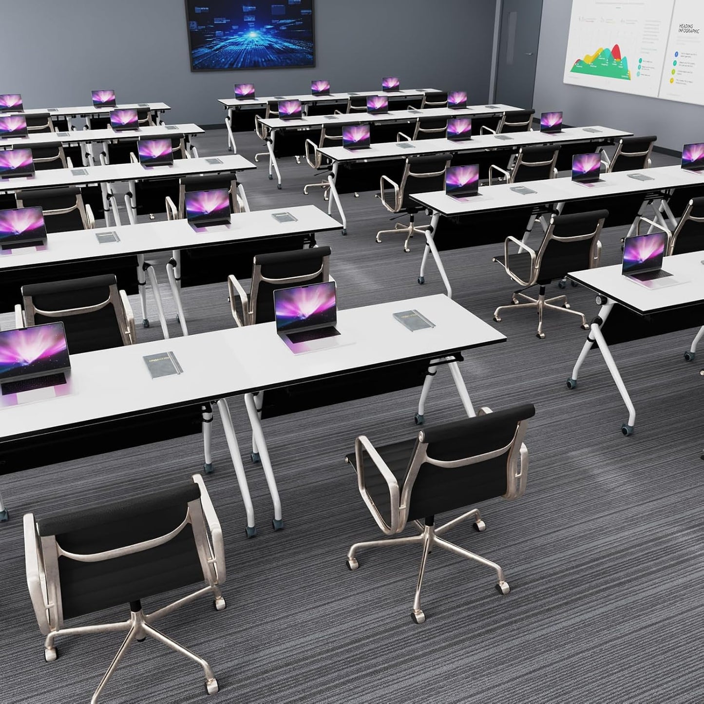 Conference Table, Folding Conference Room Tables, Mobile Training Tables with Silent Wheels, Large Rectangular Modular Seminar Table Office Computer Desks for Classroom White (6Pack L70.9in)