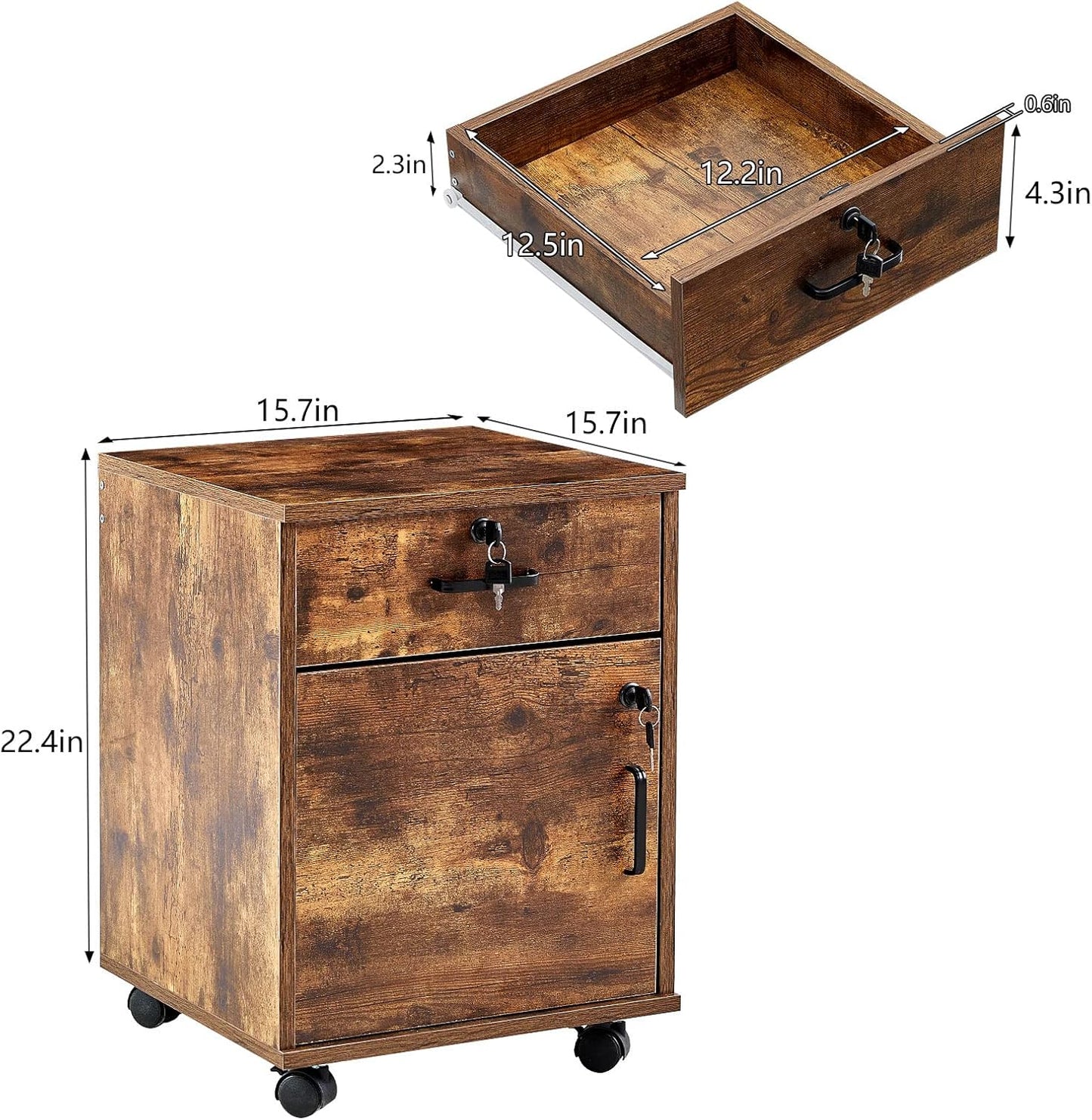 CLIPOP Rolling Storage Cabinet with Drawer, Home Office Cabinet with Lock, Under Desk Storage Cabinet for Office (Rustic Brown)