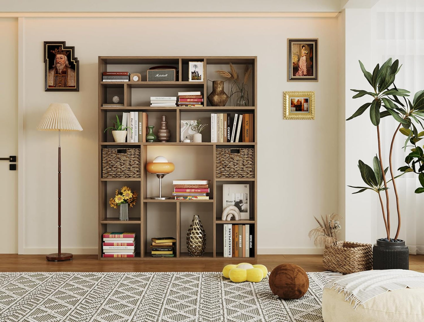 BLANKSPACE 71'' H 6-Tier Large Bookcase, Heavy Duty Storage Shelf - Freestanding Organizer for Bedroom 2 Woven Baskets, Home Office, Living Room, Brown Walnut