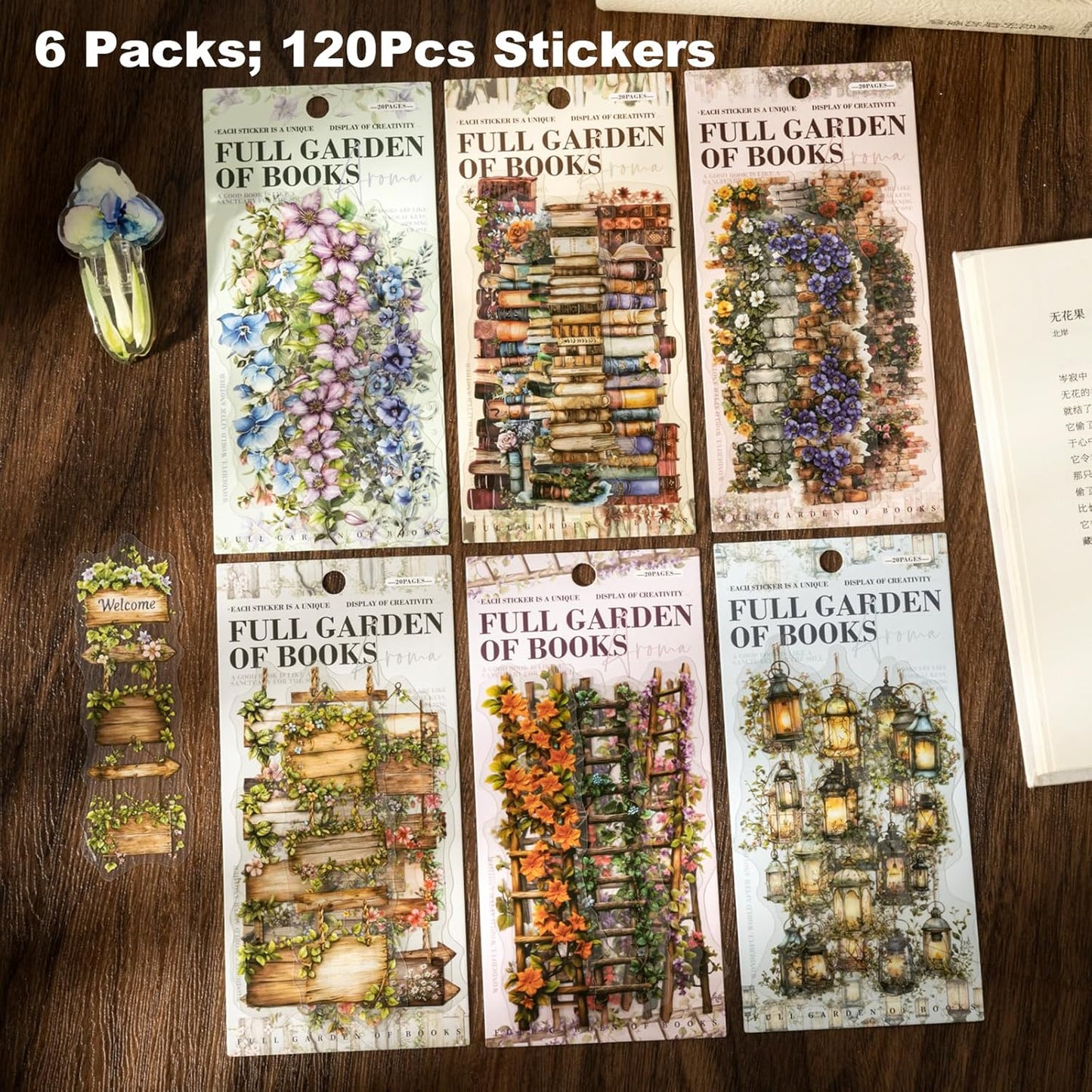 Bookish Garden PET Sticker Set, 120PCS Floral and Book Themed Scrapbooking Stickers, Waterproof Stickers for Journal, Diary, DIY Crafts