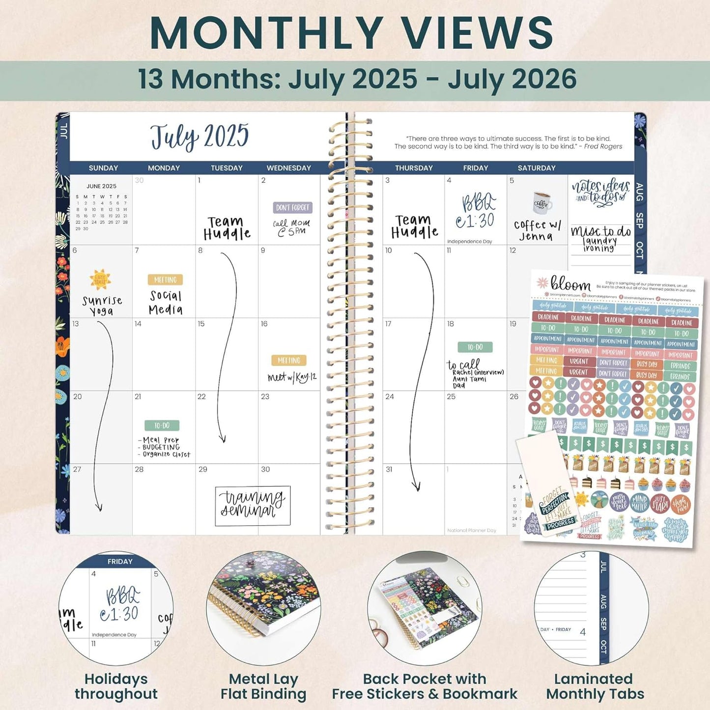 bloom daily planners 2025-2026 Academic Year Daily Planner (July 2025 - July 2026) - A5 Weekly & Monthly Calendar Agenda Organizer Book with Stickers - 5.5" x 8.25" - Garden Party, Navy
