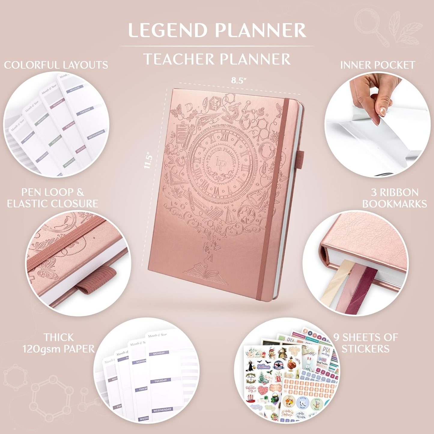 Legend Teacher Planner – Undated Lesson Plan Book for Teachers with Weekly & Monthly Calendars - Classroom Organization & School Year Planner – 8.5”x11.5” Hardcover (Rose Gold Debossed)