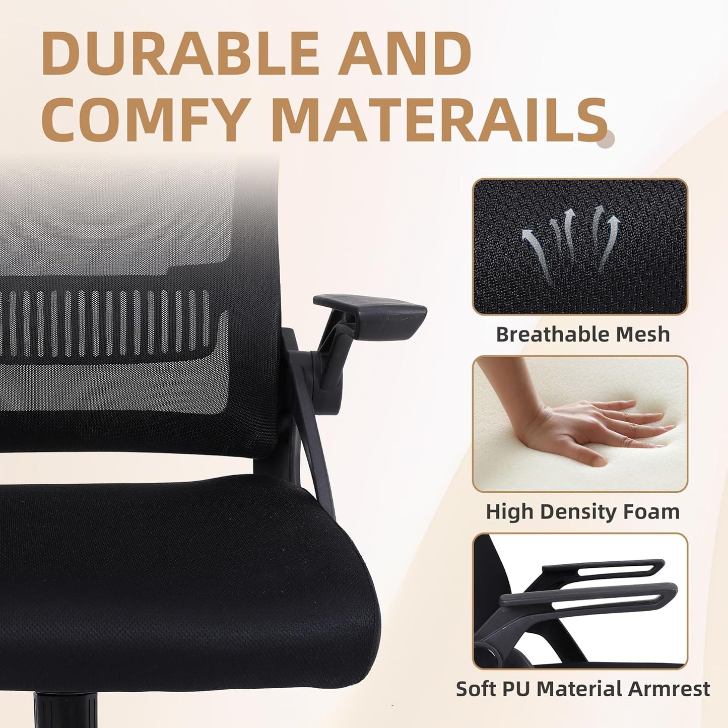 Office Chair, Ergonomic Desk Chair with Lumbar Support, Breathable Mesh Chair with Flip-up Armrests and Mid Back, Comfy Task Computer Height Adjustable Swivel Chair (4, Black)