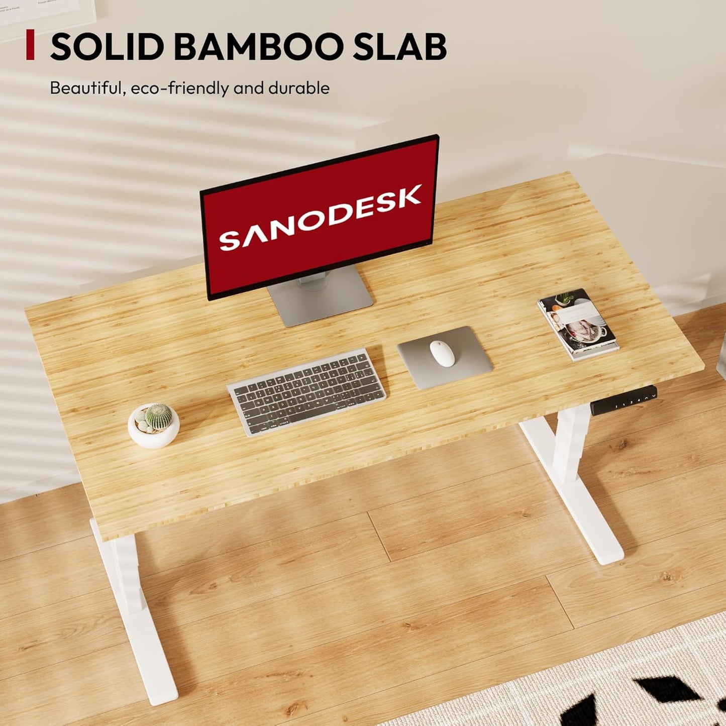 SANODESK 55 Inch 3 Stage Bamboo Electric Standing Desk, Dual Motor Height Adjustable Desk, Whole-Piece Desktop Sit to Stand Home Office Desk (White Frame/ 55” x 28” Natural Bamboo Top)
