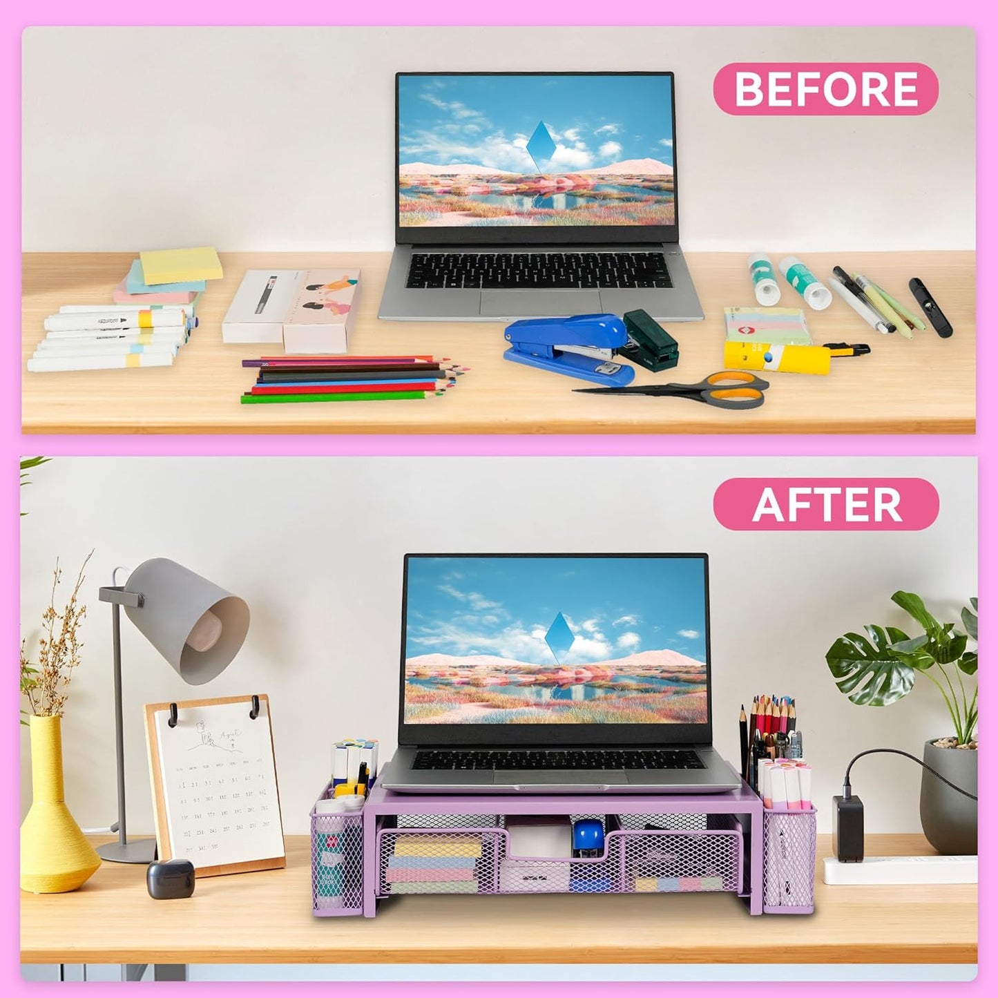 Computer Monitor Stand Riser with Drawer and Pen Holders, Desk Organizer Shelf and Accessories, Office Desk Accessories, Office Organization, Purple