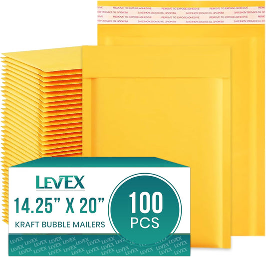 Levex - #7 14.25" x 20 [100 Pack) Kraft Bubble Mailers, Padded Envelope Mailers, Packing Envelope & Mailing Bags for Shipping
