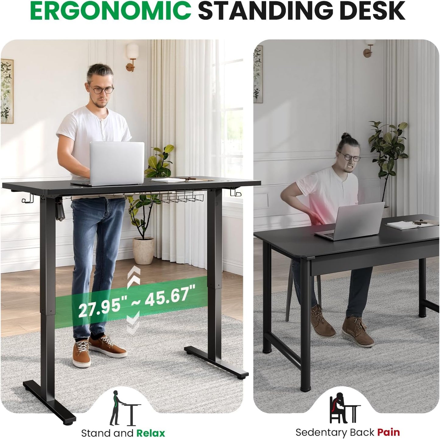 SIAGO Electric Standing Desk Adjustable - 55 x 24 Inch Sit Stand up Desk with Cable Management - 3 Memory Preset Adjustable Height Table