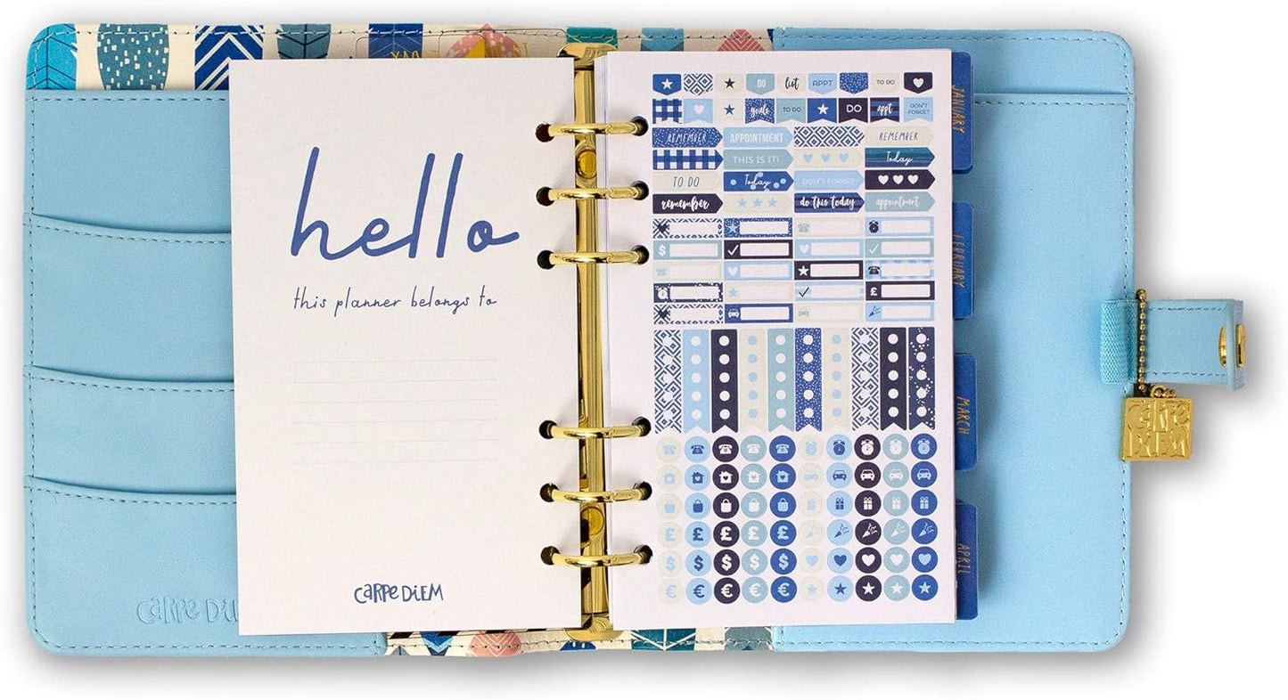 Pukka Pad, Carpe Diem Personal Planner - Soft Cover Binder with Weekly, Monthly Undated Inserts in Tabbed Sections, Interior Pockets and Sticker Sheets - 8 X 7.5 X 1.4 Inches, Sky Blue