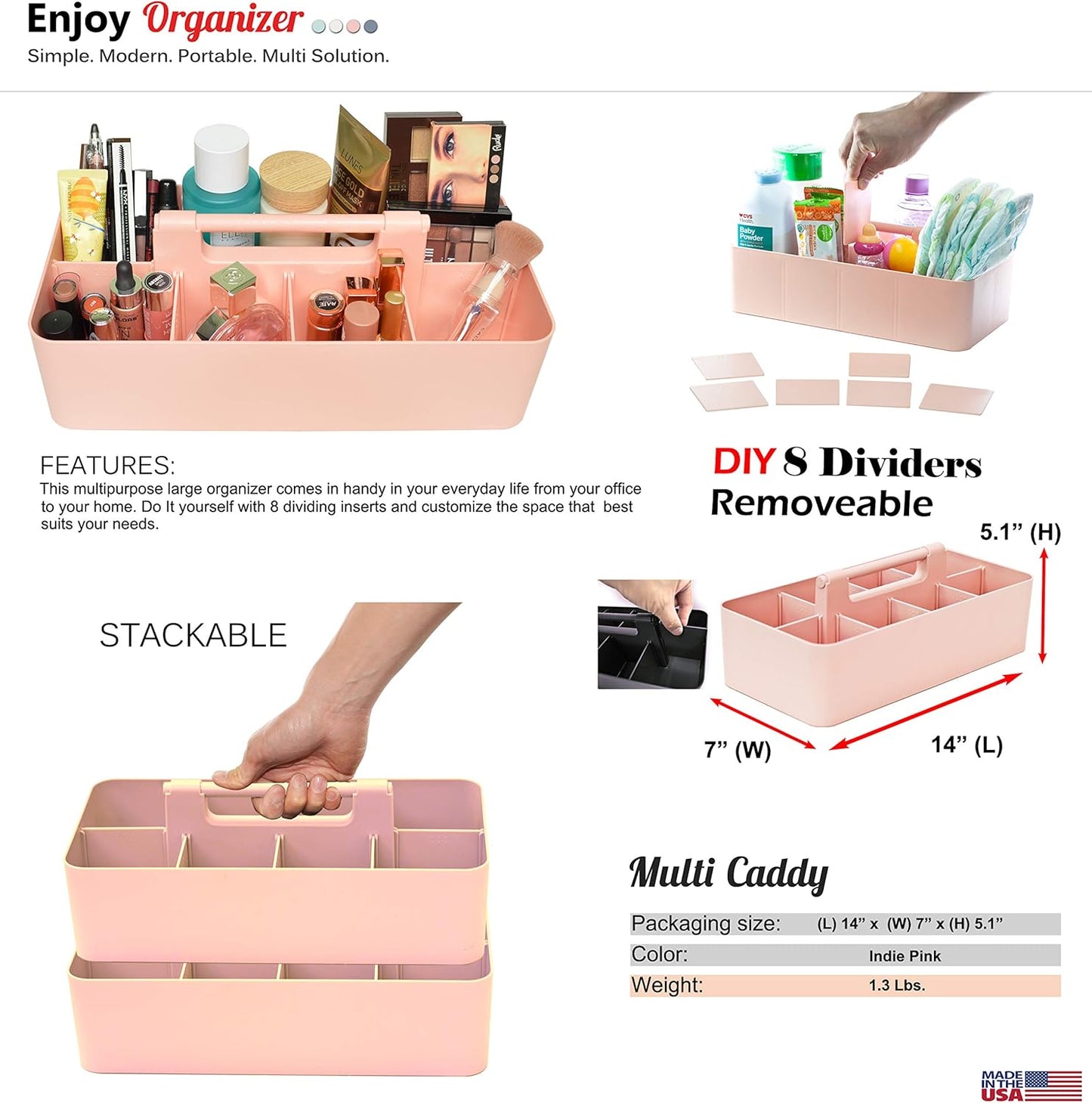 -Large Portable Caddy, DIY Dividers, 8 Compartments, School Office Supplies Home Business Basket with Handle Storage Organizer Made in USA (10 PACK, Indie Pink)