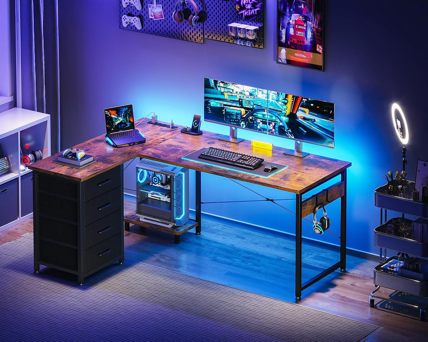 Casaottima L Shaped Desk with 4 Tier Drawers, 53" Gaming Desk with Power Outlets & USB, Reversible L-Shaped Computer Desk with CPU Stand, Home Office Corner Desk with Storage, Easy Assemble, Vintage