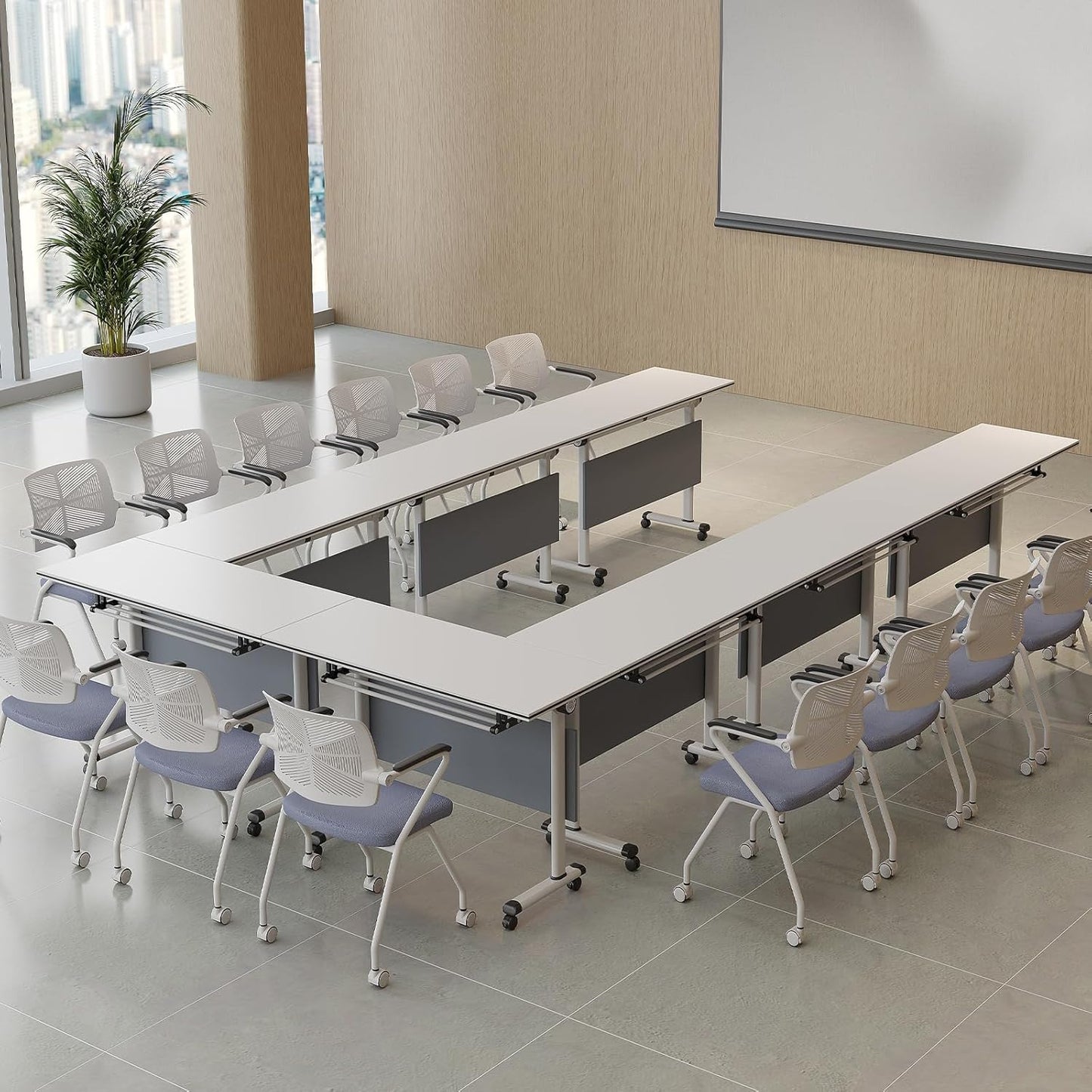 Folding Conference Table, Modern Large Conference Room Tables with Flip-Top Design, Foldable Conference Table Meeting Table with Wheels, Mobile Seminar Training Tables for Office Classroom (2, Gray)