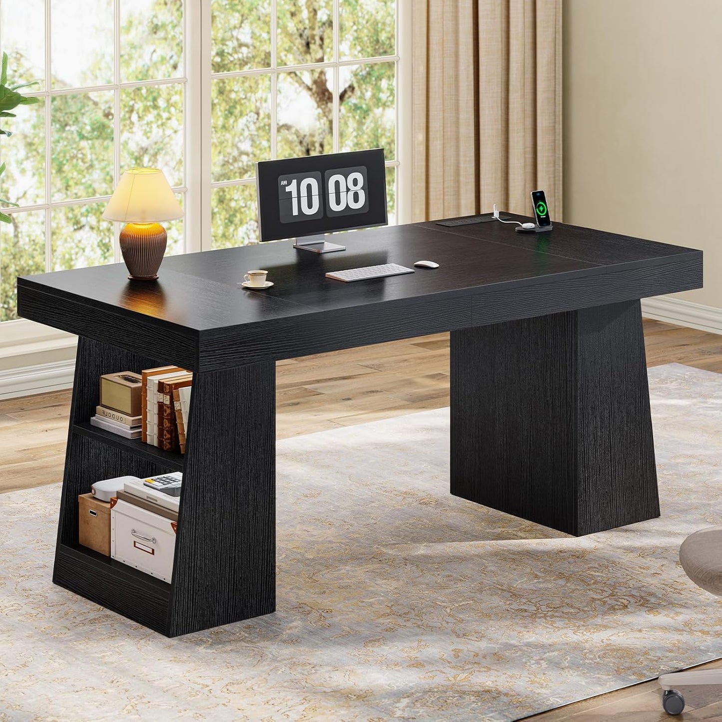 55.9 in Executive Desk with Power Outlets, Modern Home Office Desk with Storage Shelves, Wood Computer Desk Business Workstation Desk Conference Table, Black (Storage Shelves)