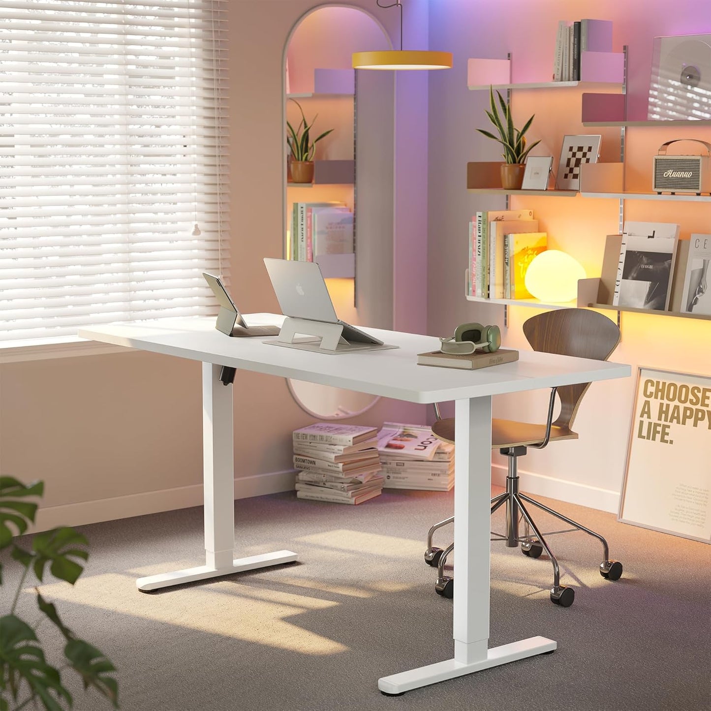 HUANUO Electric Standing Desk, 63 x 24 Inch Height Adjustable Computer Desk with Storage Bag, 4 Height Memory Settings, Sit Stand Up Desk for Home Office, White