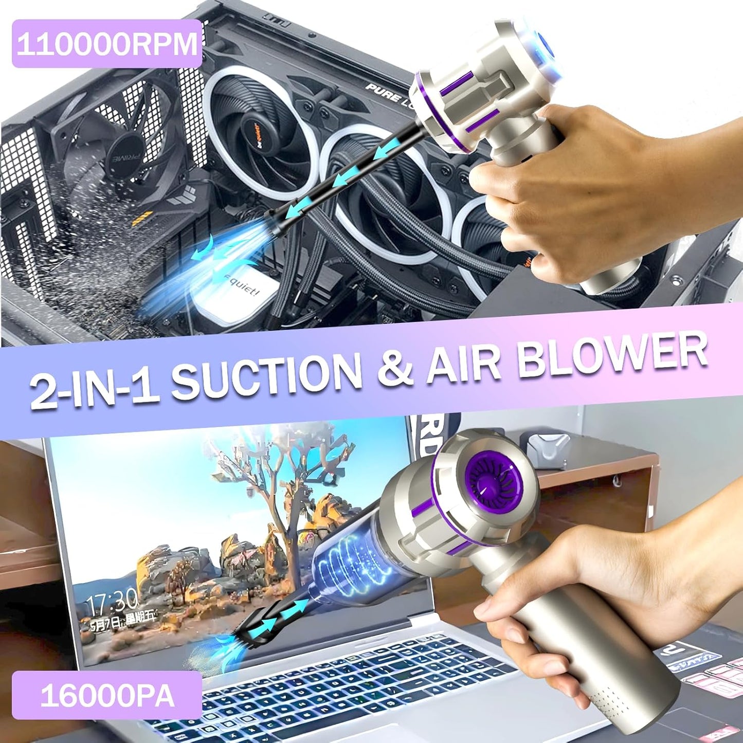 16000PA Computer Vacuum Cleaner Keyboard Cleaner Compressed Air Duster - Cordless Handheld Mini Vacuum for PC/Laptop Cleaning - Portable Air Duster for Car/Home/Office(Purple, Small)